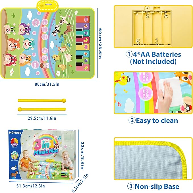 MOMUSE 3-in-1 Floor Piano Mat for Kids, Whack-a-Mole Game Music Play Mat with 30 Sound & Function Keys, Sensory Musical Toys for Baby Girls Boys Toddlers 1 2 3 4 5 6 Years Old