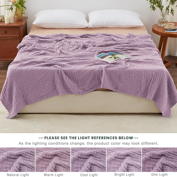 Love's cabin 6 Layer 100% Cotton Muslin Blanket, 108"x90" Muslin King Size Blanket for Bed Couch, Lightweight and Breathable Cotton Gauze for Adult, Lavender