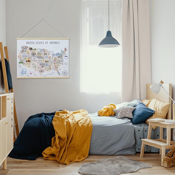 Bon et Beau 32 x 24 Inch Embroidered USA Map Poster for Kids with Wood Hanger – Neutral Wall Décor for Boys and Girls Nursery, Bedroom and Playroom