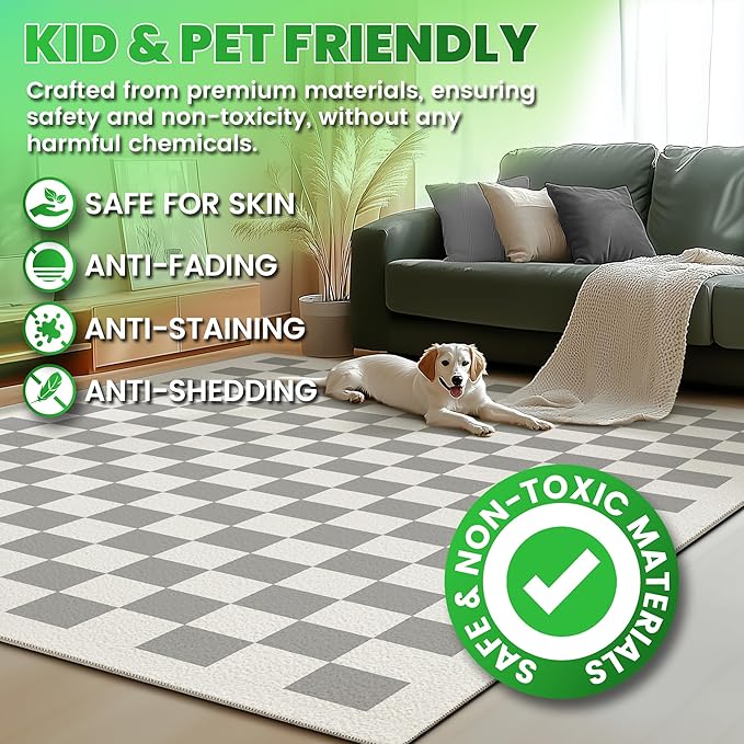 Washable Checkered Rug, 5x7 Grey Checkerboard Modern Foldable Large Area Rugs for Living Room, Low Pile Ultra-Thin Non-Slip Indoor Doormat Carpet for Office Bedroom Diningroom Classroom Dorm