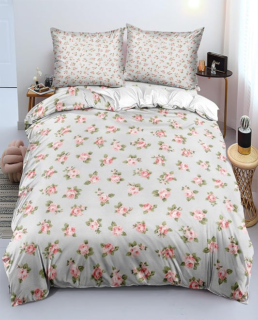 Girls Floral Duvet Cover Queen Soft Chic Floral Bedding Set with 2 Pillowcases Fresh Garden Botanical Duvet Cover with Zipper Closure Ties
