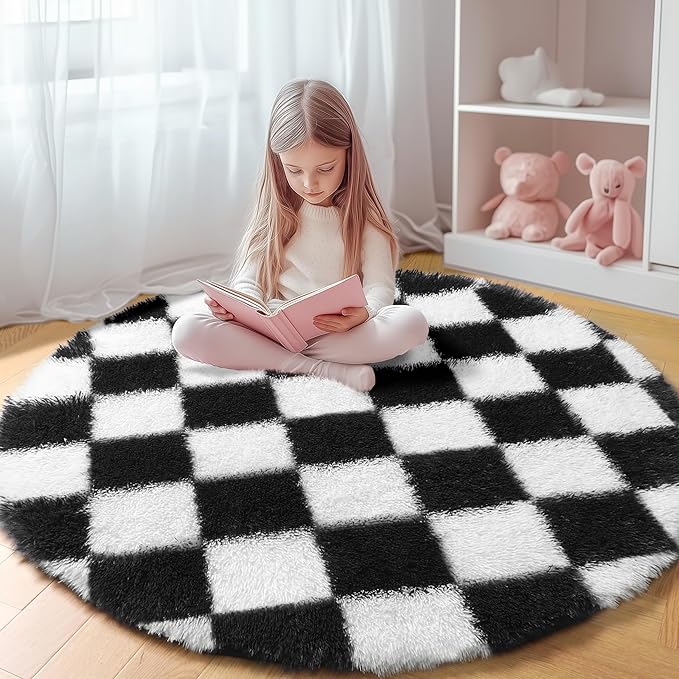 KICMOR Round Rugs 8ft Black and White Circle Area Rug, Fluffy Soft Large Fuzzy Shag Shaggy Bedroom Living Room Carpet, Indoor Checkered Circular Rug for Kids Boys Girls Home Decor Aesthetic, Nursery