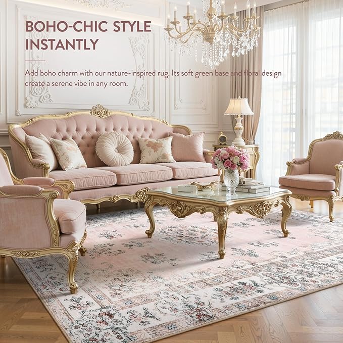 Lahome Washable 8x10 Living Room Rug, Soft Pink Floral Area Rugs for Girl Bedroom Dinning Room Office, Non-Slip Stain Resistant Lightweight Foldable Carpet for Fall Winter Home Decor