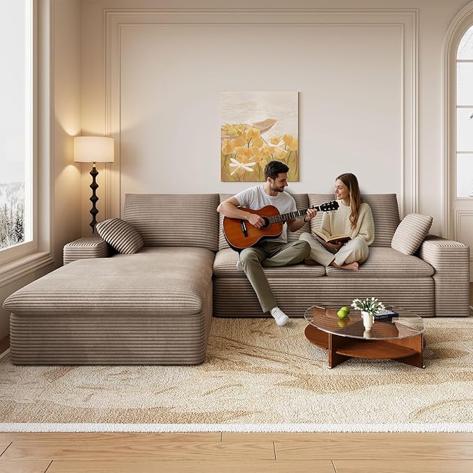 107 Inch Cloud Sectional Couch, Modern Modular Sectional Sofa with Deep Seat, Corduroy Boneless Couches with L-Shape Chaise for Living Room Bedroom, No Assembly Required (Camel, Left Facing Chaise)