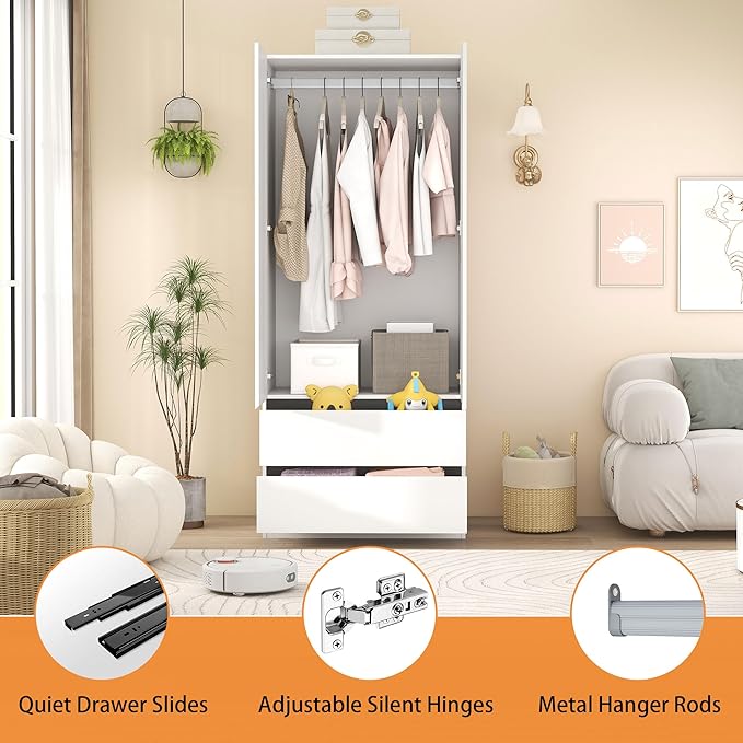 Armoire Wardrobe Closet with Drawers：75" Large White Wardrobe Closet Cabinet with 4 Doors for Hanging Clothes, Modern Wooden Bedroom Armoires with 2 Drawers and Storage (A+C, 63")