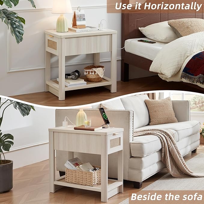 Lerliuo Narrow Night Stand Set of 2 with Charging Station, Boho Nightstand with Drawer, Bed Side End Table with Rattan Shelf for Small Spaces, Wood Nightstands Bedside Tables for Living Room Bedroom