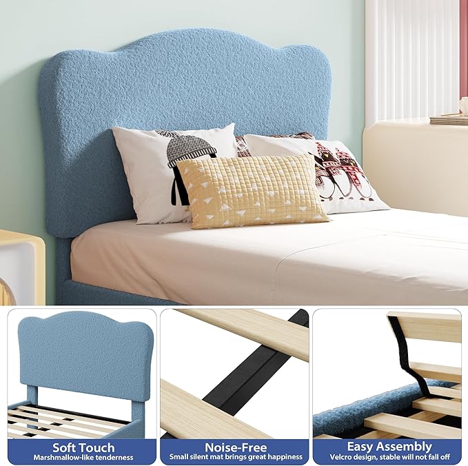 GarveeHome Upholstered Twin Size Bed Frame for Kids with Scallop Headboard, Cute Velvet Twin Bed for Girls, Boys, Sturdy Platform Bed, No Box Spring Needed, Wooden Slats, Noise Free, Blue
