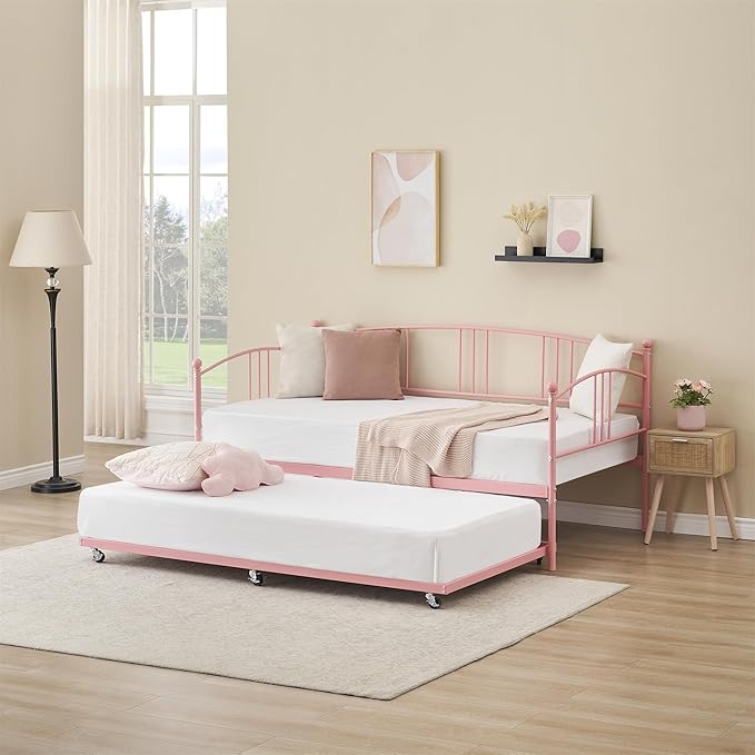 GarveeHome Daybed with Trundle, Sturdy Metal Day Bed with Steel Slat Support, Trundle Bed Twin with Arched Headboard, SofaBed for Living Room, Bedroom and Guest Room, Pink