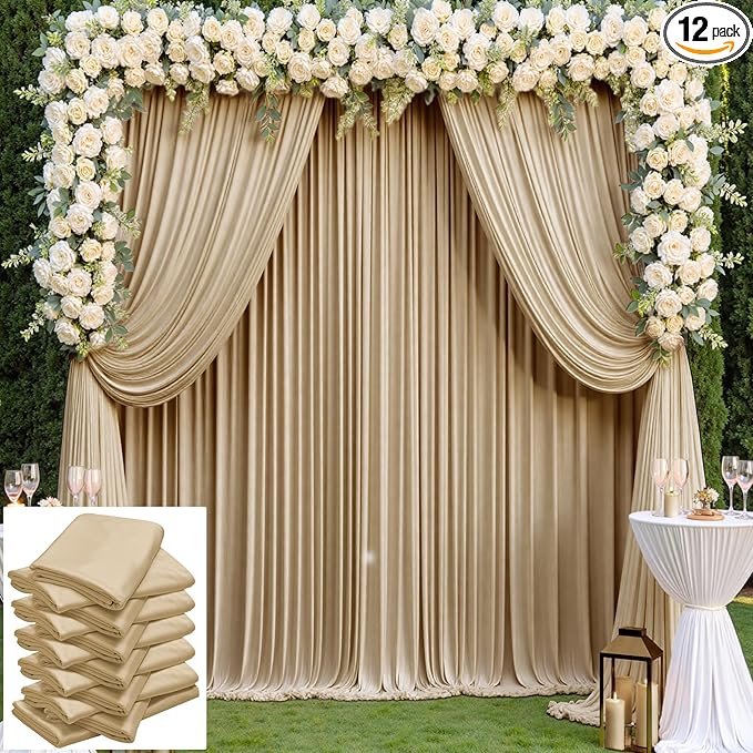 60×14 ft Beige Backdrop Curtain for Wedding Parties, 12 Panels 14ft Long Wrinkle Free Silky Polyester Backdrop Drapes Tan Photo Back Drop Cloth for Birthday Baby Shower Photography Backgrounds