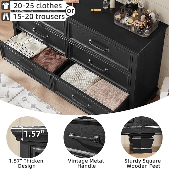 Farmhouse 6 Drawer Dresser for Bedroom, 54 inch Wide Rustic Vintage Chest of Drawers with Square Solid Wood Legs, Large TV Stand for Living Room, Wooden Storage Dressers for Hallway, Black