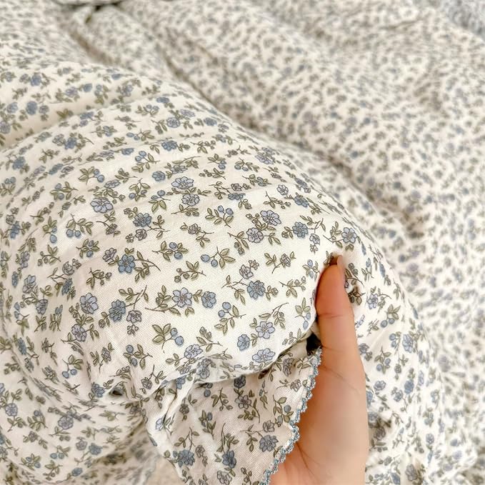 AOJIM Muslin Cotton Kids Duvet Cover 1Piece with Blue Floral, Soft Breathable Toddler Comforter Cover Twin Size 68X86'', Vintage Bed Decor Durable Ruffled Duvet Cover for Girls Boys, No Pillowcase