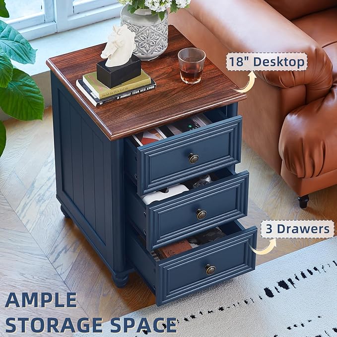 18" Farmhouse Night Stand Set of 2, Blue Wood Nightstand with 3 Drawers, Bedside End Table with Storage and Roman Column, Bed Side Tables Cabinet for Bedroom, Living Room, and Closet