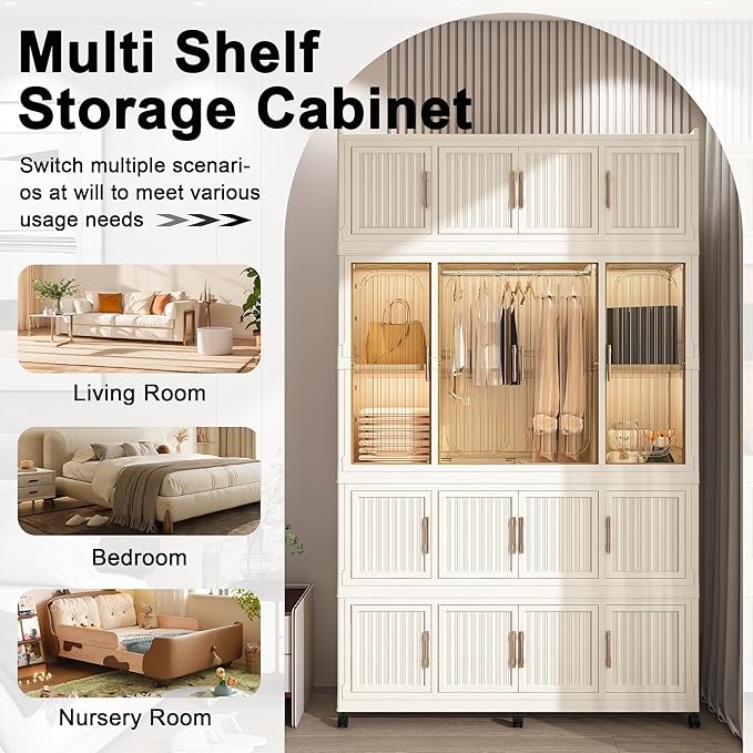 Kids Portable Wardrobe Closet Organizer with Magnetic Doors, 16 Cubes & 1 Hanging Rod, 6 PCS Hangers, Children's Plastic Wardrobe Closet for Bedroom Storage, Large Baby Wardrobe Storage Cabinet