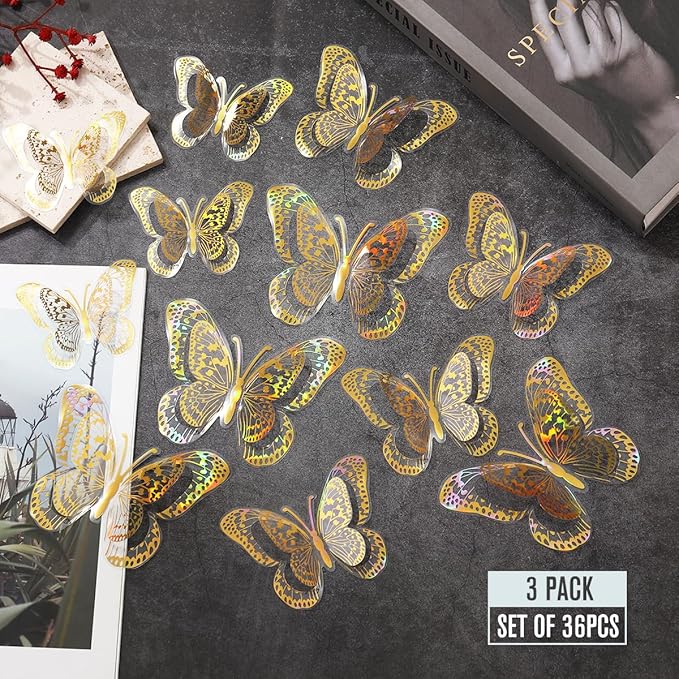 36PCS Butterfly Wall Decals - Gold Butterfly Stickers Mural Wall Decor Home Decor Kids Room Bedroom Decor Living Room Decor, Removable Reusable Stickers