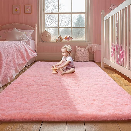 Pink Rug for Girls Bedroom, 5x7 Fluffy Area Rugs for Kids Playroom, Furry Carpet for Nursery Room, Shaggy Rug for Teen Living Room, Thick Fuzzy Plush Rug for Dorm, Cute Room Decor for Baby