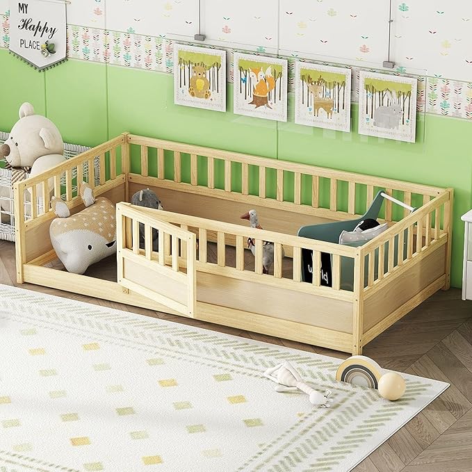 GDFStudio Twin Size Toddler Floor Bed Frame with Door & Guardrails, Toddler Twin Bed Frame for Kids Boys Girls, Low to Floor Child Bed Rail Design, Wooden Floor Bed for Baby, No Support Slat, Natural