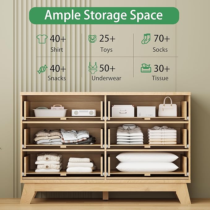Fluted Dresser for Bedroom with 6 Drawers, 48" Wide Modern Chest of Drawers with Metal Handle, Wooden Dresser TV Stand, Wood Closet Clothes Storage Organizer for Living Room, Hallway, Natural Oak