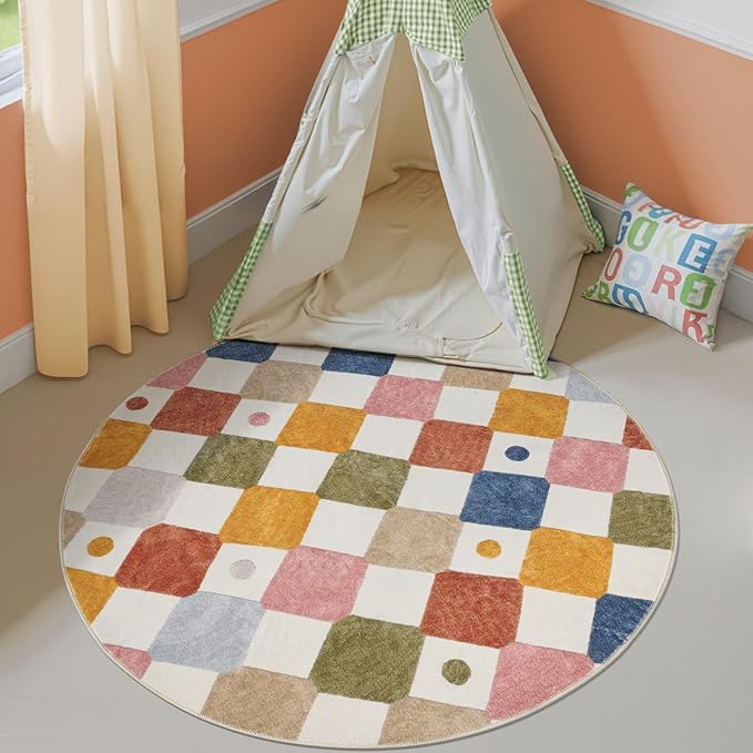 jinchan Macy Round Rug 5ft Kids Washable Rug Indoor Floor Cover Non-Slip Soft Elementary School Classroom Modern Colorful Diamond Carpet for Nursery Daycare Playroom Living Room Circus on Cream