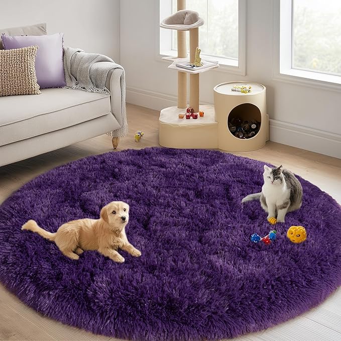 Round Purple Rug for Bedroom, 8 ft Circle Area Rugs for Living Room, Soft Large Fluffy Shag Carpet for Teen Girls Boys Nursery Room Dorm Home Decor Aesthetic