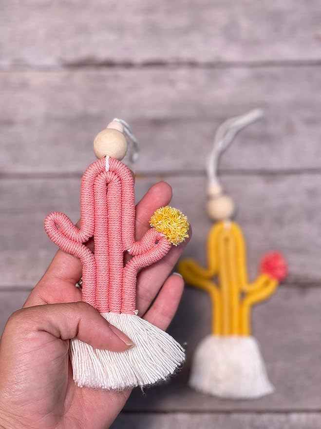 Mila Millie 2 Pack Cactus Macrame Wall Hanging | Handmade Woven Tassel Ornament for Home or Nursery Baby Kids Room Decor | Boho Nordic Scandinavian Style (Mustard Yellow Pink)