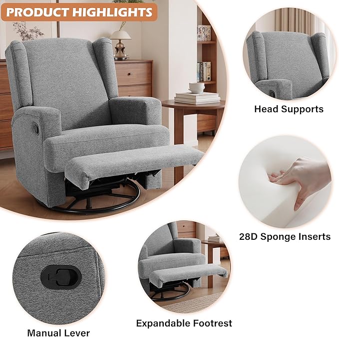 UIXE Swivel Glider Recliner Chairs Set of 2, Fabric High Back Accent Chair Nursery Rocker for Living Room, Upholstered Manual Reclining Sofa Seating with Deep Seat - Flax Gray