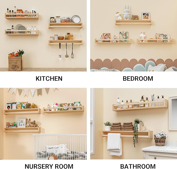 Heimlove Nursery Floating Shelves, Solid Wood Nursery Book Shelves for Wall, 32 inch Bookshelf for Kids, Wall Mounted Shelves for Books, Toys and Decor Storage, Set of 3