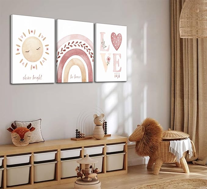 3 Pcs Nursery Canvas Wall Art Pink Sun Rainbow Hearts Posters Prints Boho Kids Room Pictures Wall Decor for Toddlers Children Baby Girl Bedroom Home Decoration