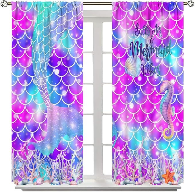 Dream Mermaid Curtains for Kids Boys Girls Ocean Theme Colorful Rainbow Fish Tail Blackout Window Treatment for Bedroom Nursery Room Decor Window Drapes 42" W X 63" L