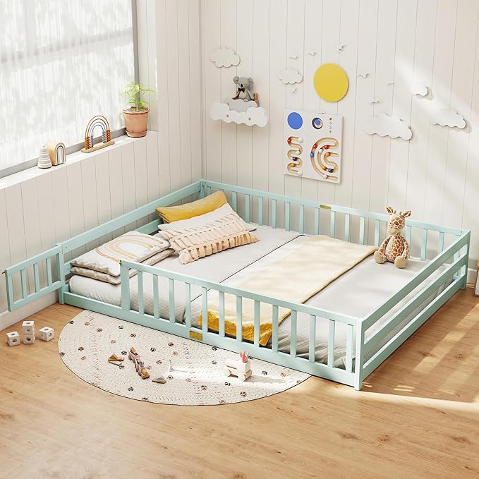 KOMFOTT Queen Size Wood Floor Bed with Door & Fence, Montessori Bed Frame with Full Length Safety Guardrails, Door & Latch, Wooden Montessori Floor Bed for Kids, Girls, Boys (Queen,Light Green)