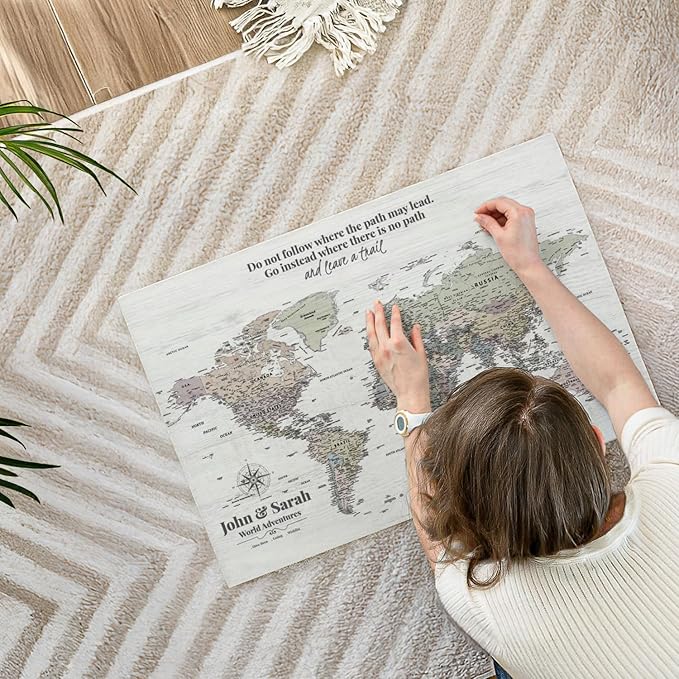 ElephantStock - Personalized Leave A Trail Iii Push Pin World Map Wall Art - Horizontal Canvas Wall Art - Living Room Wall Decor - Digital Art Map Canvas Art - White And Gray Decor - 30" x 20"