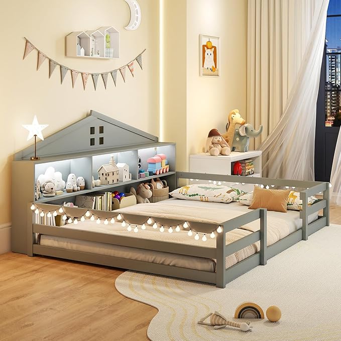 Giantex Full Size Montessori Floor Bed with LED Lights, 2-in-1 Wooden House Bed Frame with Safety Guardrails, Storage Compartments & Shelf, No Box Spring Needed, Without Slats, Gray