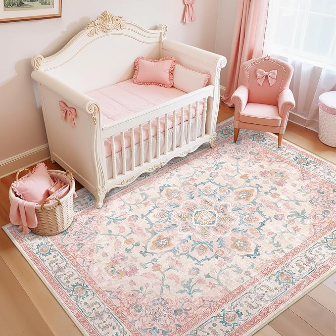 Machine Washable Rugs Nursery Rug 4x6 Cute Girl Non Slip Low Pile Water Repellent Soft Print Pattern for Bedroom Indoor Decor Kids Playroom Pinkteal