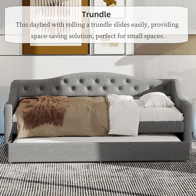 Merax Twin Size Linen Corner Daybed with Trundle and LED Belt, Upholstered Headboard Captain Bed Frames for Small Room, Bedroom, Guest Room, Kids' Room, Grey