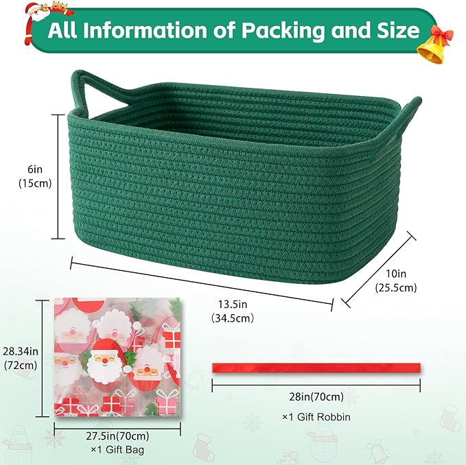 OIAHOMY Woven Basket, Gift Basket Empty with Gift Bags and Ribbons, Rope Baskets for Baby Showers, Storage Baskets with Handles for Nursery, Pet Toy Organizer - Christmas Green
