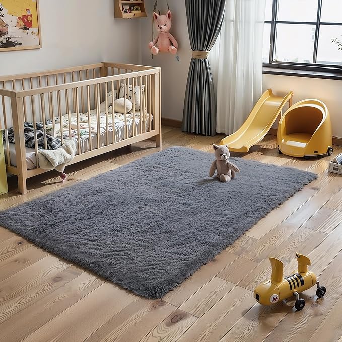 4x6 Grey Fluffy Shag Rug for Bedroom, Soft Plush Fuzzy Washable Non Slip Carpet for Living Room, Gray Modern Floor Cozy Furry Shaggy Throw Area Rugs for Kids Boys Baby Nursery Dorm Room