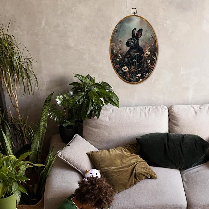Hiuwevt Vintage Black Bunny Oval Wall Art Decor, Cottagecore Wildflower Bunny Framed Canvas Prints, Moody Rabbit Oval Wall Hanging Decor for Home Bedroom Living Room Decorations, 8.6x11.4 Inches