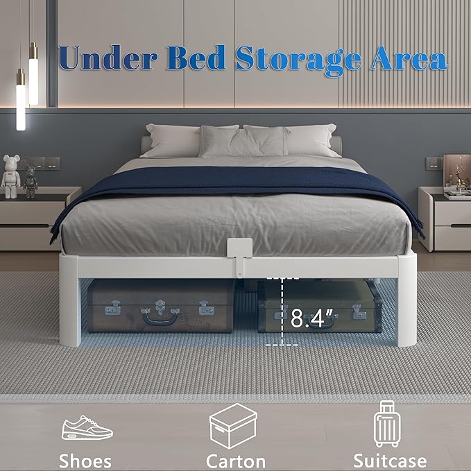 White 10 Inch Twin Bed Frames, Metal Bed Frame Twin Size with Anti-Slip Baffles, No Box Spring Needed, Rounded Corner Legs, Heavy Duty Steel Platform Support, Noise Free, Storage Space