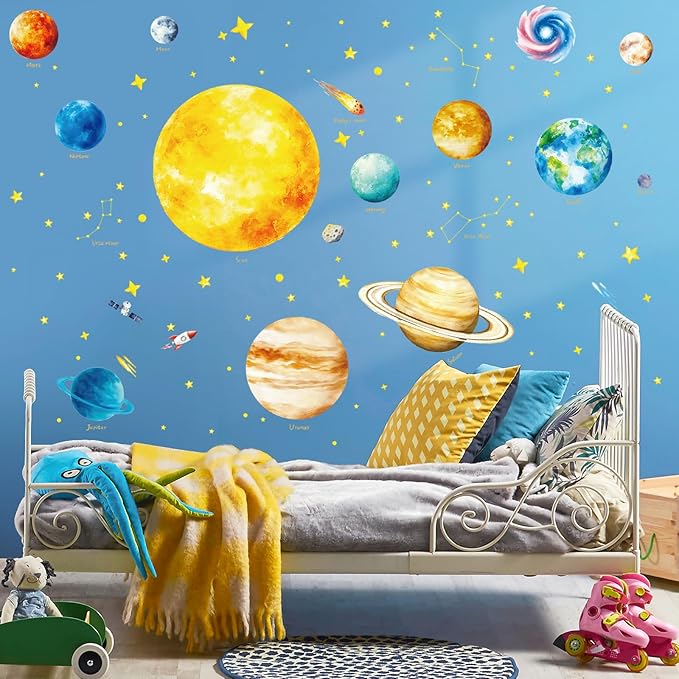 SHUCHING Solar System Wall Sticker Peel and Stick, Vinyl Space Planet Wall Decal, Educational Wall Decor Art Home Decoration for Daycare Bedroom Nursery Playroom