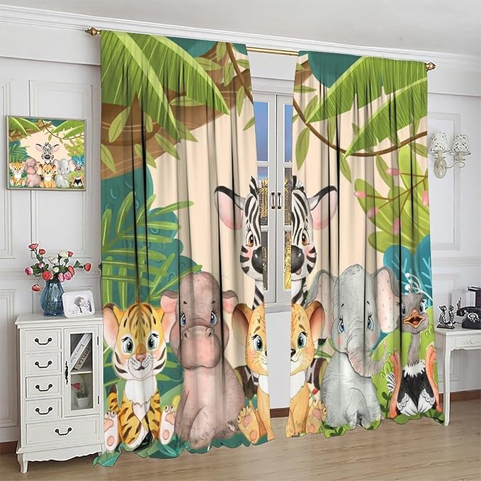 Animals Curtains Colorful Forest Cartoon Cute Zebra Tiger Elephant for Kids Boys Girls Nursery Bedroom Living Room Blackout Rod Pocket Decoration Window Drapes 2 Panels W27.5xL63in