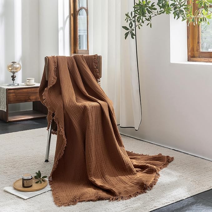 FOSSA Muslin Blanket with Fringe - 4-Layer 100% Cotton Gauze Super Soft & Breathable Throw -Lightweight Decorative Cooling Blanket for Bed, Sofa, Office -Throw XL Size 50" × 70" (Dark Orange)