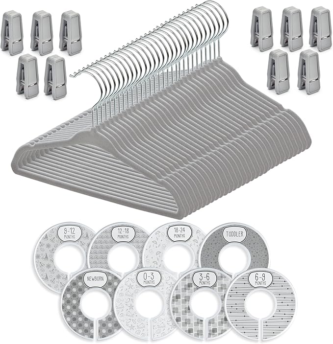 Velvet Baby Hangers with 10x Clips and 8X Dividers (30 Pack) | 11” Ultra-Slim Baby Clothes Hangers | Non-Slip Felt | Space-Saving Nursery & Infant Closet Organizer | Gray