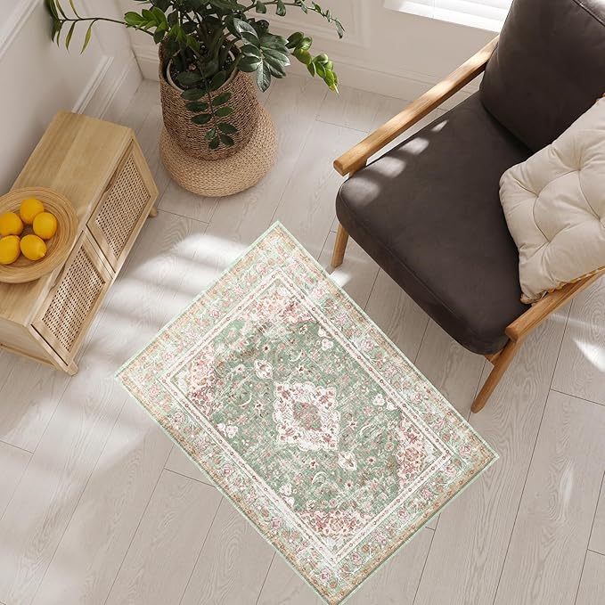 Vhong Washable Area Rugs Boho Vintage Modern Neutral Small Carpet Green and Pink High Traffic Rugs 2×3 for Bathroom Kitchen Entryway Non Slip