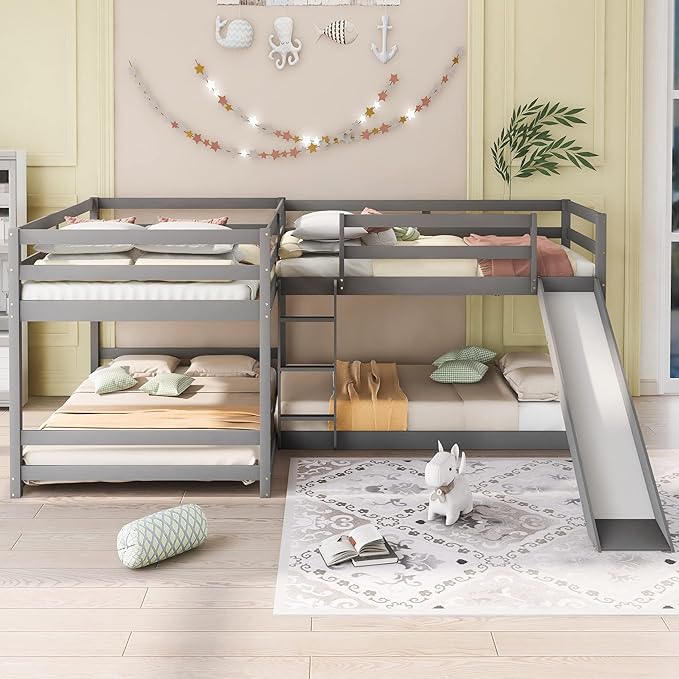 L-Shaped Full and Twin Size Bunk Bed with Slide and Short Ladde, Solid Wood 4 in 1 Design Quad Bunk Bed Frame with Safety Guardrail for Aldults Kids Teens (Gray-4)