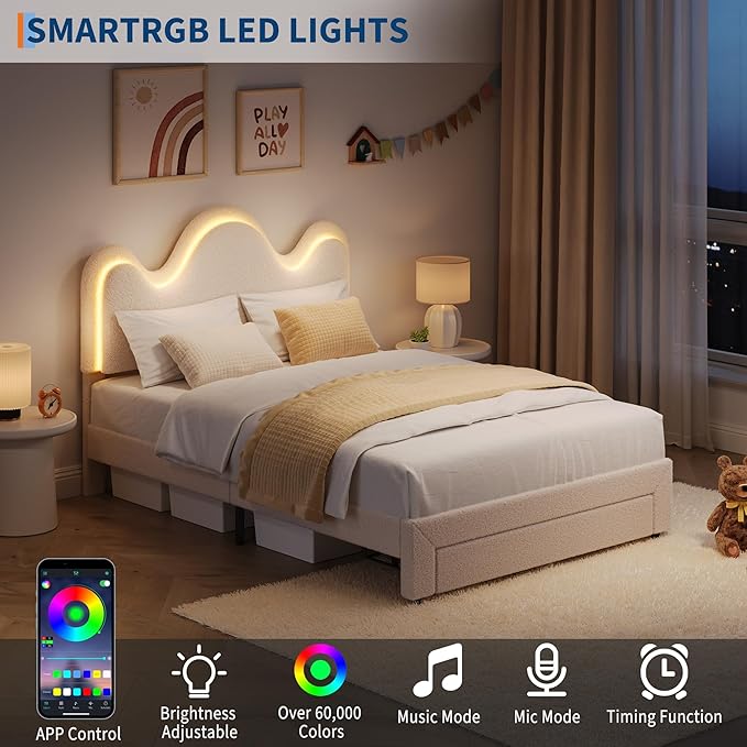 IDEALHOUSE Full Bed Frame with LED Headboard and Under-Bed Drawer, Metal Upholstered Platform Bed with LED Light for Kids, Girls, Lamb Fleece Fabric, Wooden Slats Support, No Box Spring Needed, White