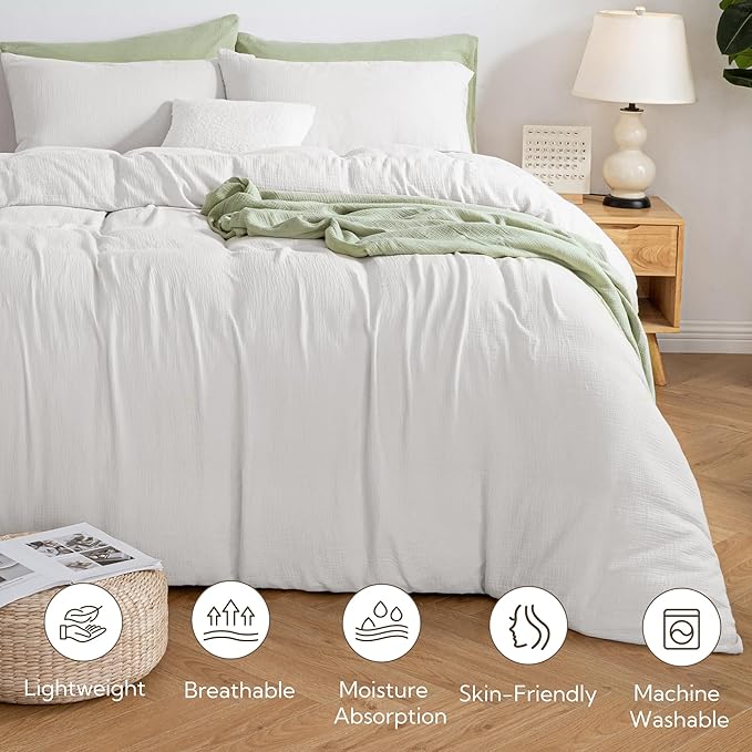 MILDLY Muslin Duvet Cover Full - 100% Washed Cotton Linen Like Gauze Comforter Cover 3 Pieces Breathable & Lightweight for All Season