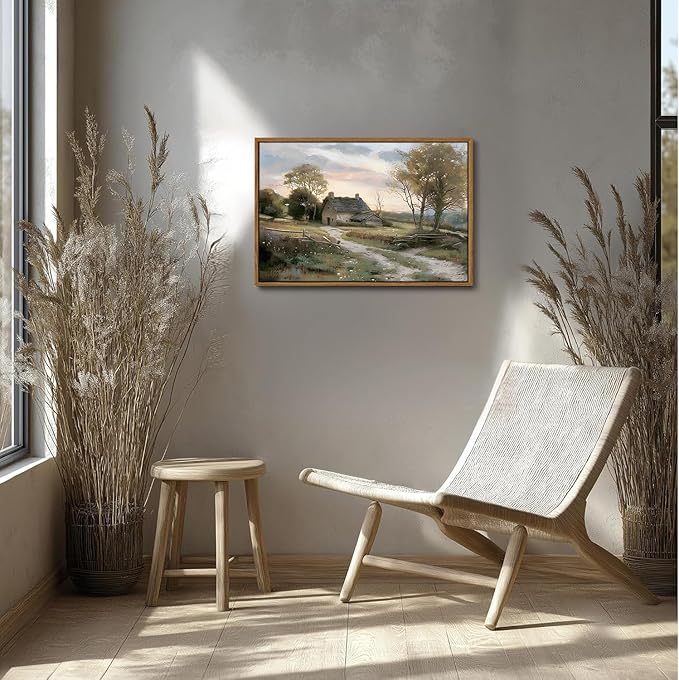 OIQArtOIQ Framed Vintage Landscape Wall Art Cottage Natural Scenery Oil Painting Canvas Prints Country Farmhouse Rustic Fall Decor Aesthetic Pictures for Kitchen Bedroom Living Room Bathroom