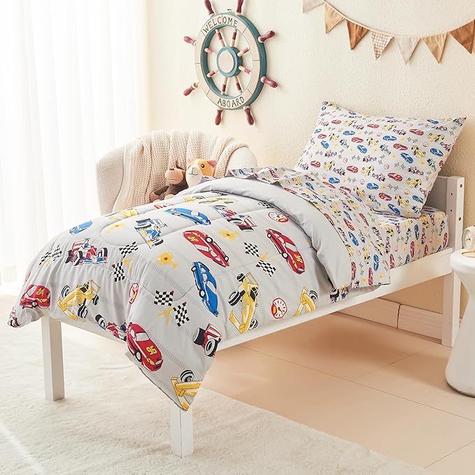 Mooreeke 4 Pieces Toddler Bedding Set - Soft Race Cars Toddler Comforter Sets for Girls, Includes Quilted Comforter, Flat Sheet, Fitted Sheet and Pillowcase, Bed in A Bag for Baby Bedroom