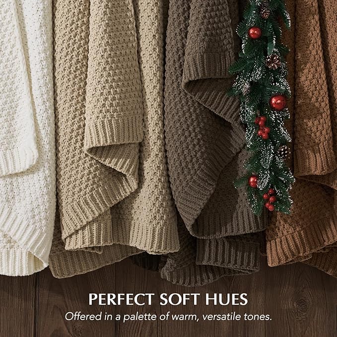 EVERGRACEHOME Chunky Chenille Knit Throw Blanket for Couch, Soft Luxurious Moss Stitch Blankets for Bed, Cozy Decorative Farmhouse Knitted Throws for Sofa, Camel Brown, 50" x 60"