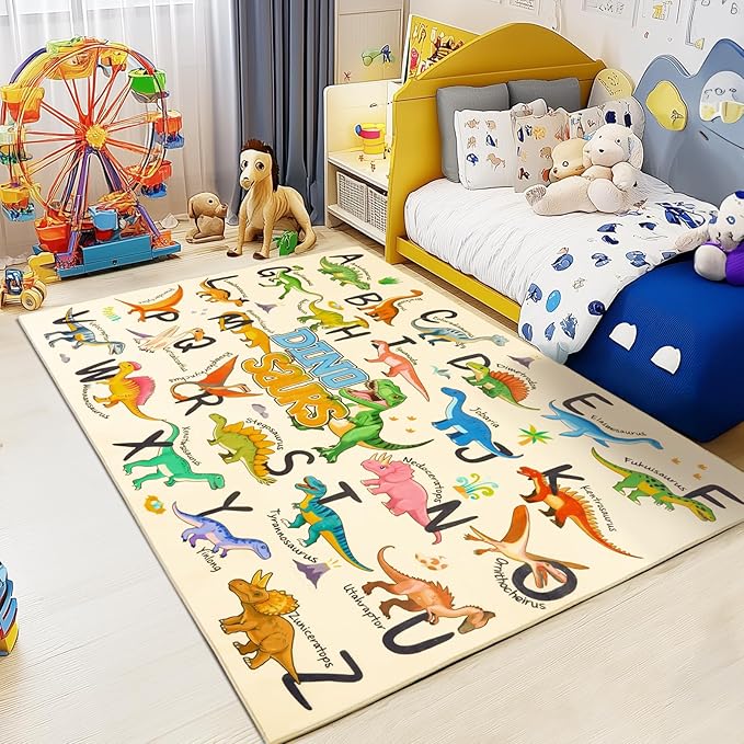 Kids Rugs for Playroom, 4x5 Feet Educational Rug for Learn The ABC Alphabet, Soft Machine Washable Non-Slip Cute Dinosaur Carpet for Classroom Toddler Nursery Kids Room Decor Mat, Beige