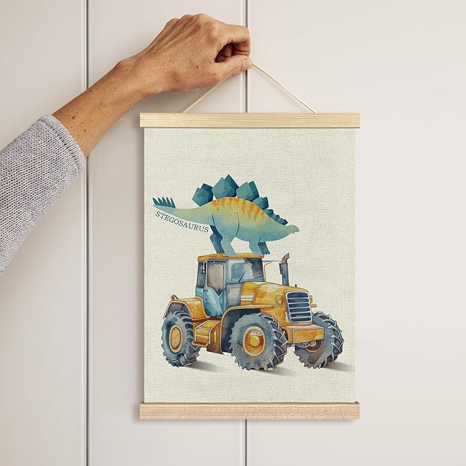 BCUANGD Dinosaur and Construction Truck Wall Decor - Dino Poster Hanger with Wood Frames Set of 2, Kids Car Vehicles Wall Hanging Canvas Decor for Kids Room Nursery Playroom, 12x16 Inches 482